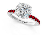White gold Round Cut Diamond Pave Band Solitaire Ring with Round with Ruby side stone and Prong Setting_1