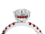 White gold Round Cut Diamond Pave Band Solitaire Ring with Round with Ruby side stone and Prong Setting_4