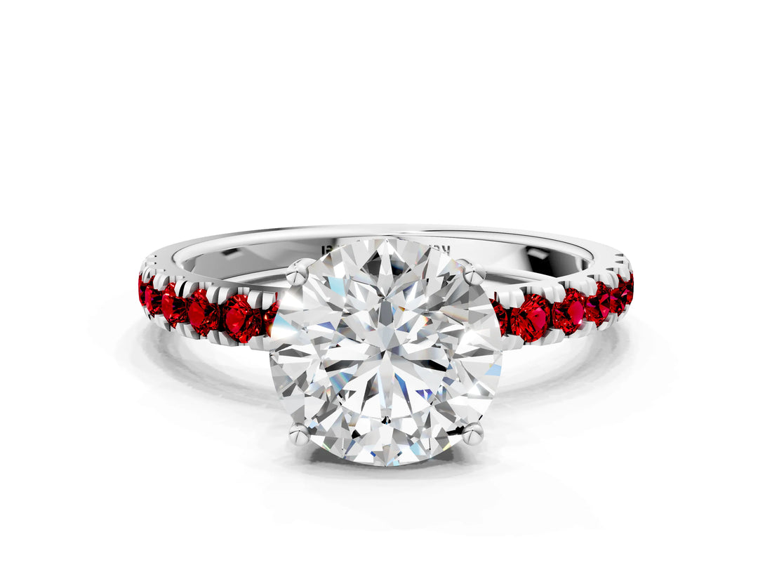 White gold Round Cut Diamond Pave Band Solitaire Ring with Round with Ruby side stone and Prong Setting