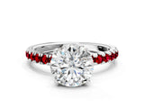 White gold Round Cut Diamond Pave Band Solitaire Ring with Round with Ruby side stone and Prong Setting