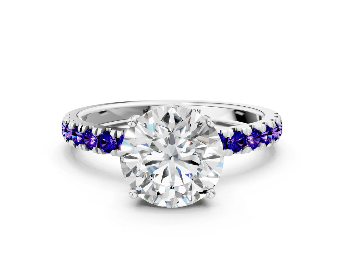 White gold Round Cut Diamond Pave Band Solitaire Ring with Round with Tanzanite side stone and Prong Setting_45