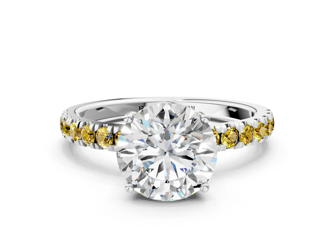 White gold Round Cut Diamond Pave Band Solitaire Ring with Round with Yellow Sapphire side stone and Prong Setting_6
