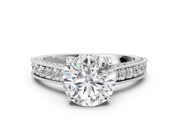 White gold Round Cut Diamond Solitaire Ring with Milgrain Pave Band and Four Prong Setting