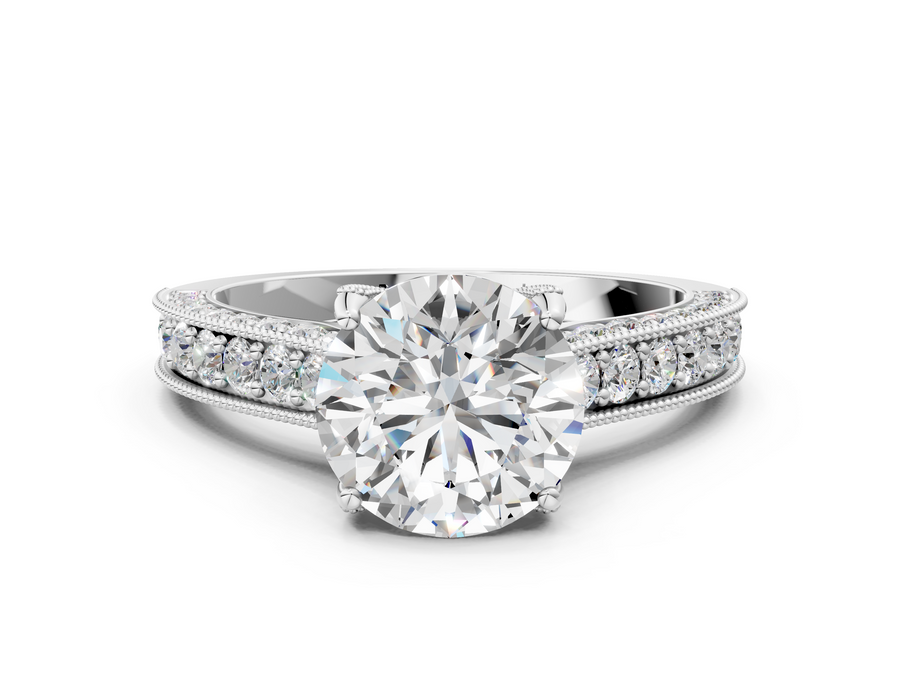 White gold Round Cut Diamond Solitaire Ring with Milgrain Pave Band and Four Prong Setting