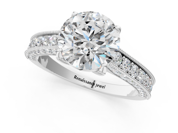 White gold Round Cut Diamond Solitaire Ring with Milgrain Pave Band and Four Prong Setting