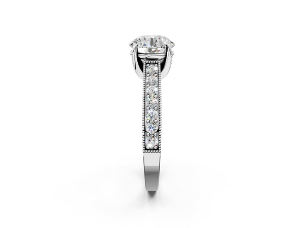 White gold Round Cut Diamond Solitaire Ring with Milgrain Pave Band and Four Prong Setting