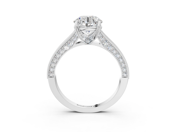 White gold Round Cut Diamond Solitaire Ring with Milgrain Pave Band and Four Prong Setting