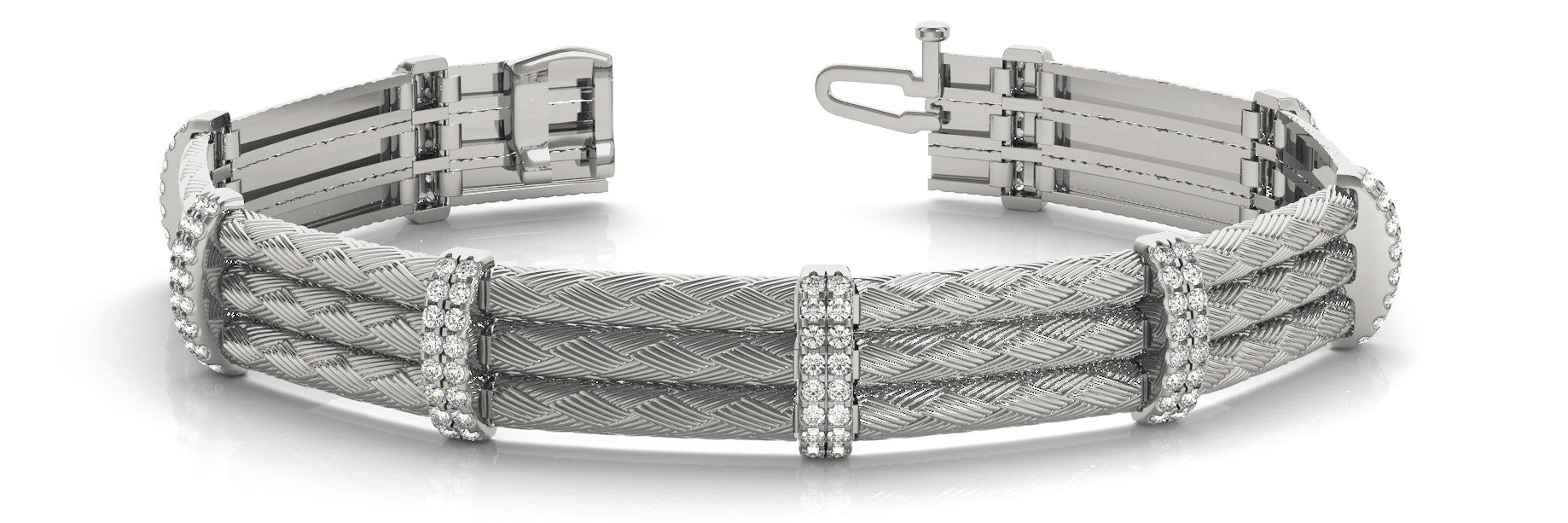 White gold Round Cut Diamond Pave Cuff Bracelet with Braided Cable Band and Four-Prong Setting