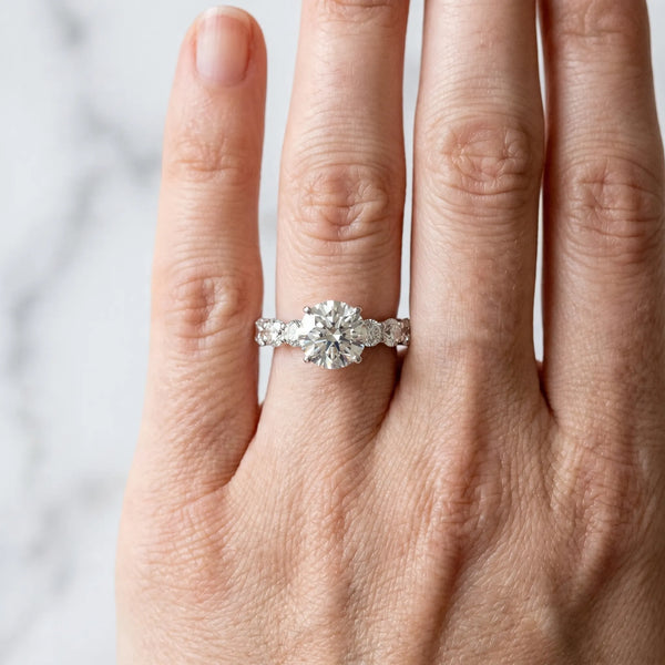 Platinum Round Side Stone Engagement Ring Setting with Prong-Set Round Shoulder Accents