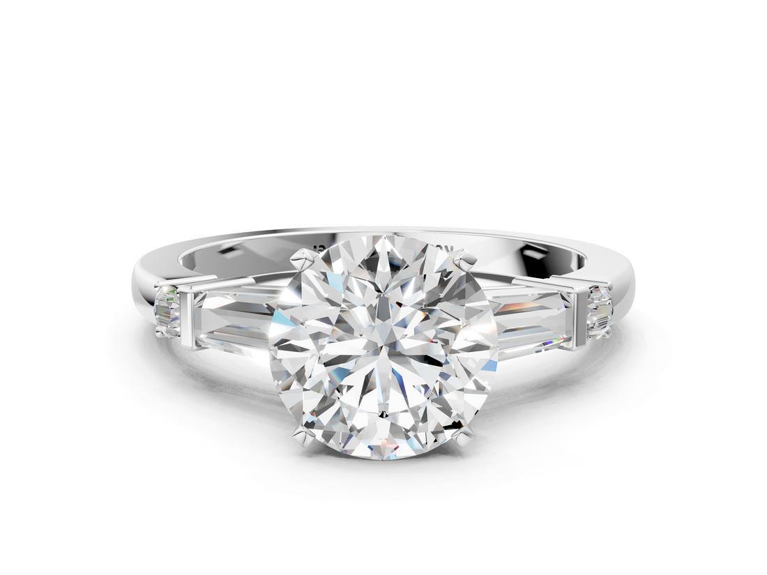 White gold Round Cut Diamond Ring with Baguette Side Stones, Channel Set Band, and Four-Prong Setting_23