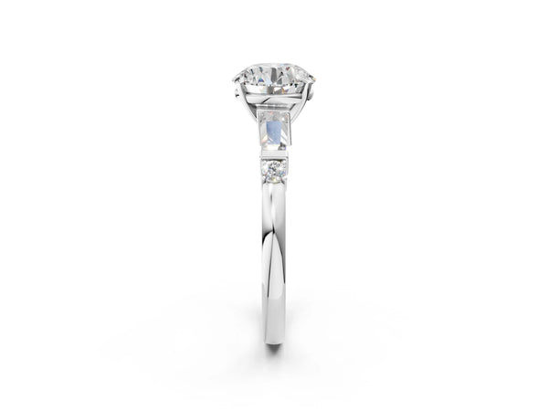 White Gold Round Three Stone Engagement Ring Setting with Bar Set Tapered Baguettes