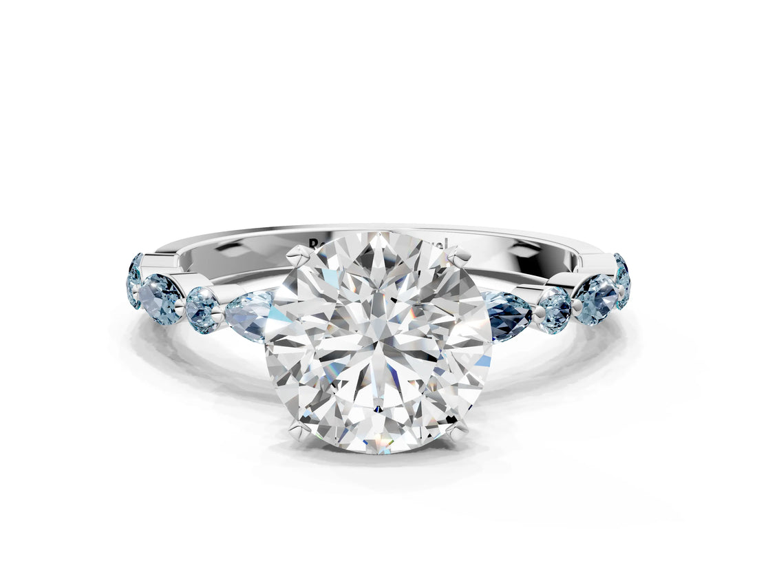 White gold Round Cut Diamond Ring with Marquise and Round with Aquamarine side stone Side Stones and Four-Prong Setting_24