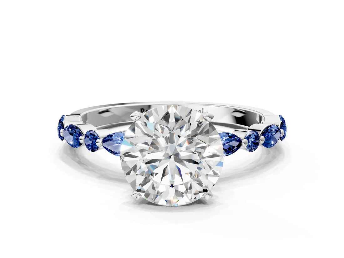 White gold Round Cut Diamond Ring with Marquise and Round with Blue Sapphire side stone Side Stones and Four-Prong Setting_60