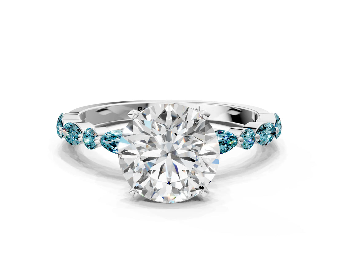 White gold Round Cut Diamond Ring with Marquise and Round with Blue Topaz side stone Side Stones and Four-Prong Setting_36