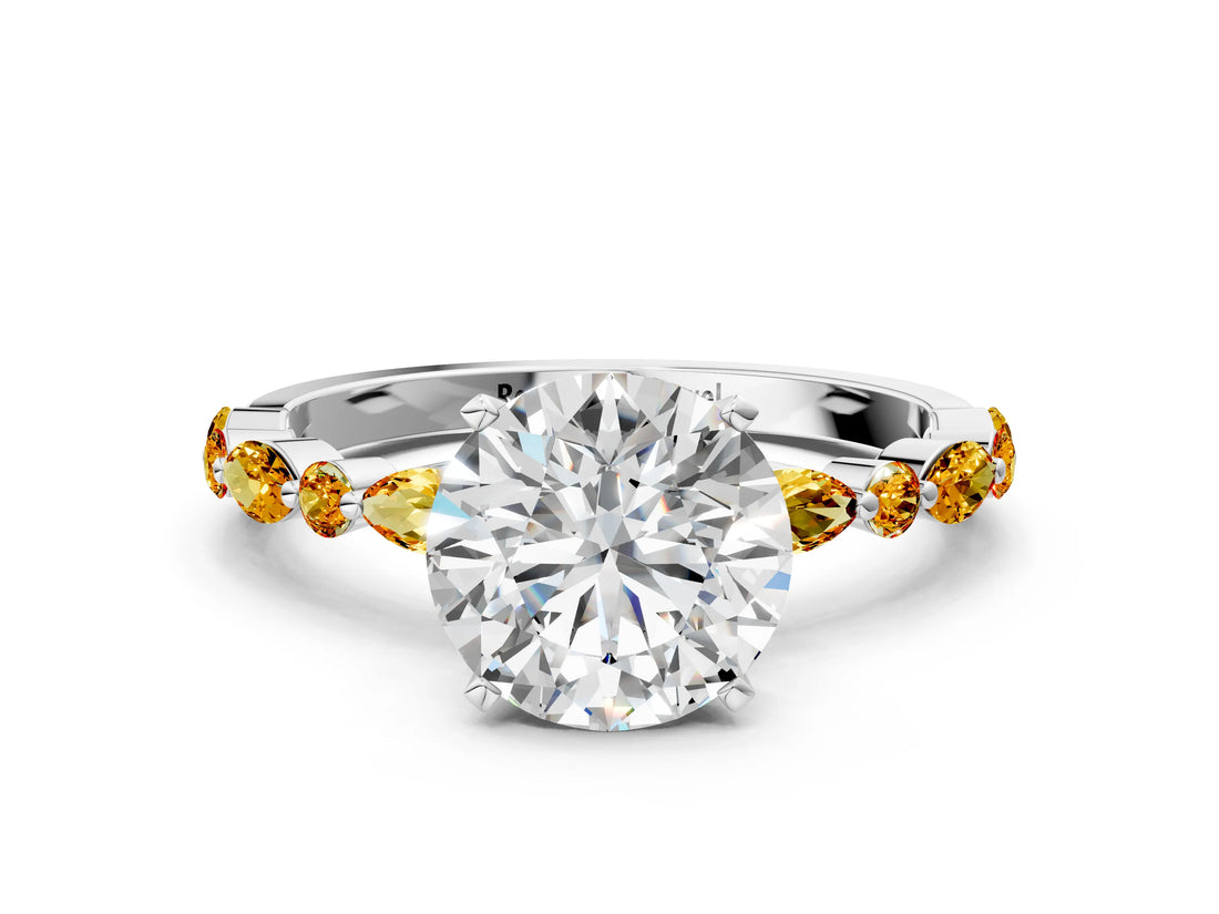 White gold Round Cut Diamond Ring with Marquise and Round with Citrine side stone Side Stones and Four-Prong Setting_24