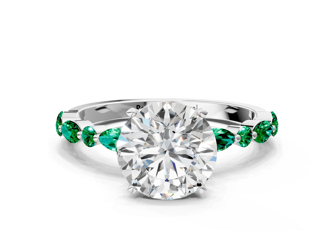 White gold Round Cut Diamond Ring with Marquise and Round with Emerald side stone Side Stones and Four-Prong Setting_60