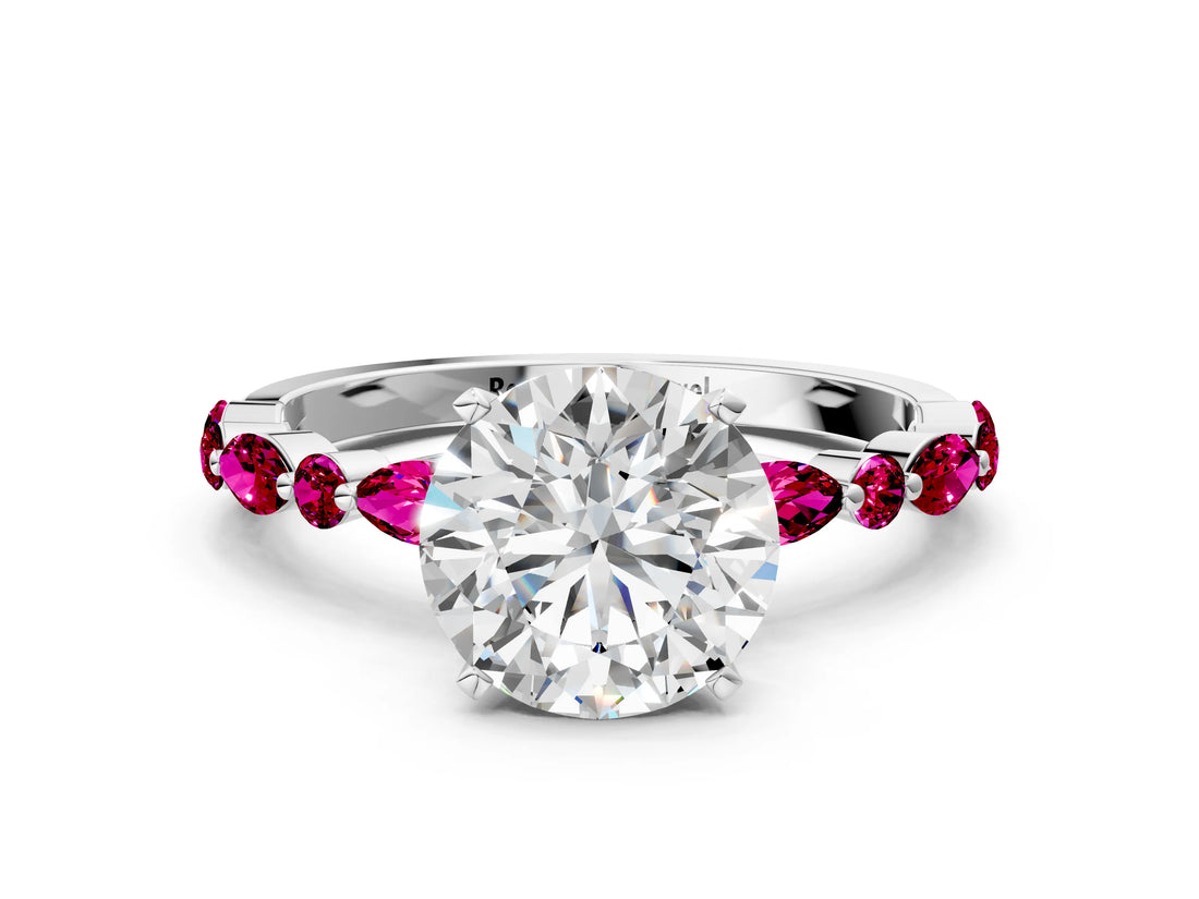 White gold Round Cut Diamond Ring with Marquise and Round with Garnet side stone Side Stones and Four-Prong Setting_36