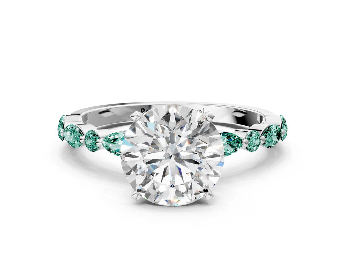 White gold Round Cut Diamond Ring with Marquise and Round with Green Sapphire side stone Side Stones and Four-Prong Setting_24