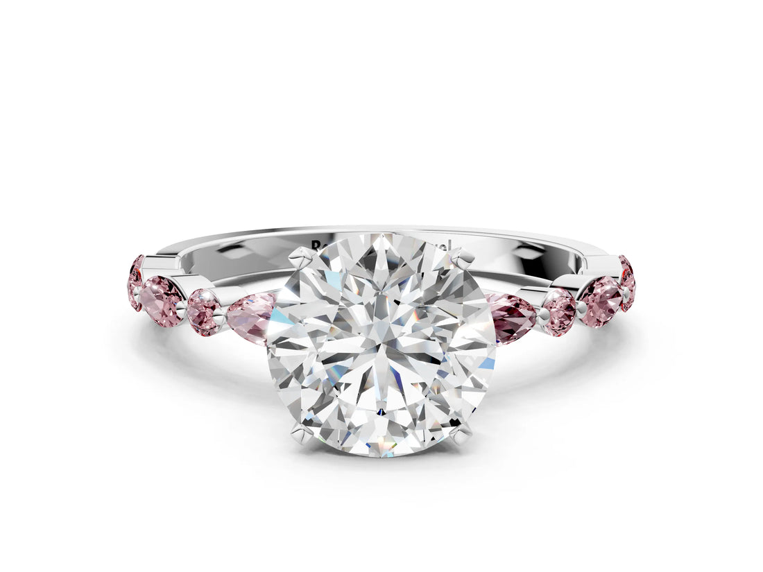 White gold Round Cut Diamond Ring with Marquise and Round with Morganite side stone Side Stones and Four-Prong Setting_12