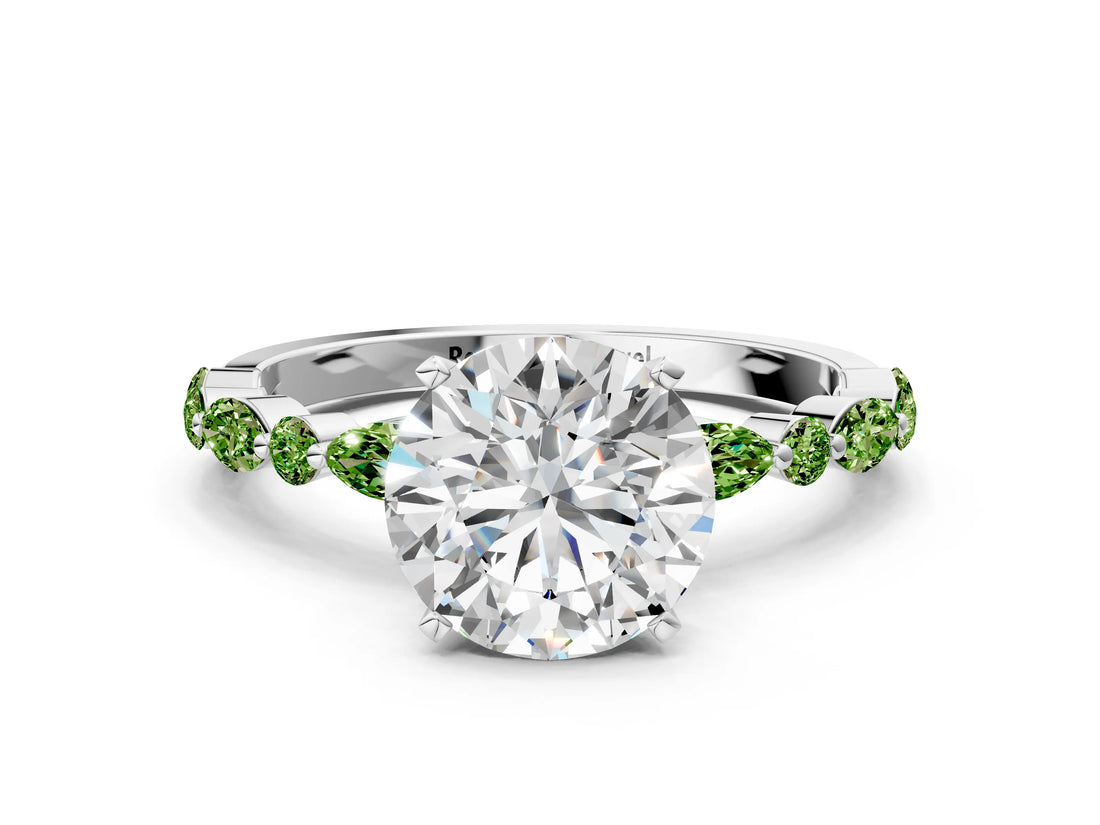White gold Round Cut Diamond Ring with Marquise and Round with Peridot side stone Side Stones and Four-Prong Setting_36