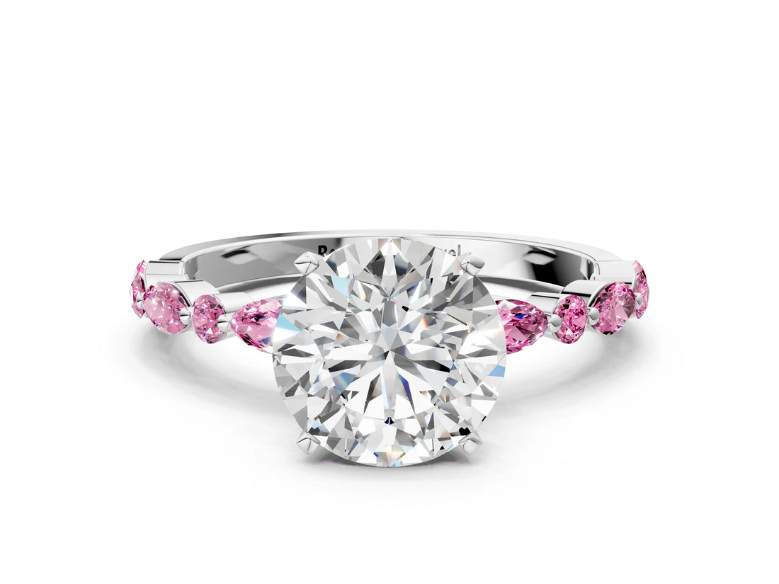 White gold Round Cut Diamond Ring with Marquise and Round with Pink Sapphire side stone Side Stones and Four-Prong Setting_12
