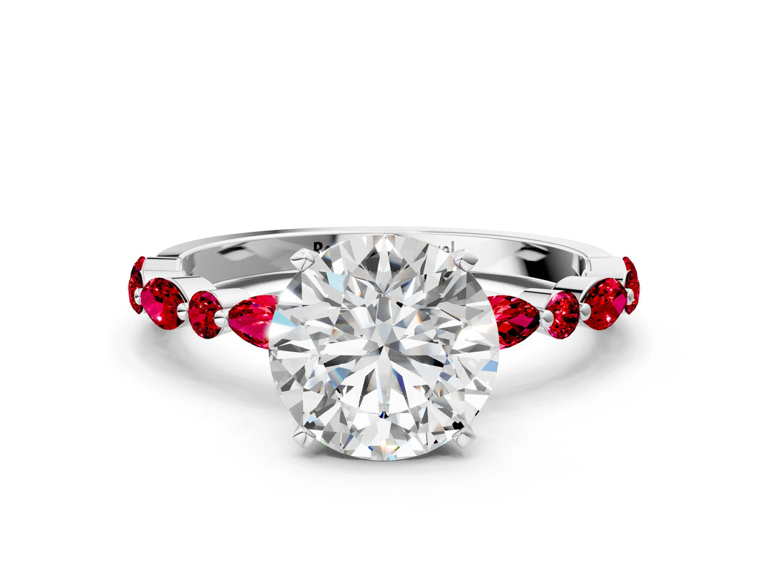 White gold Round Cut Diamond Ring with Marquise and Round with Ruby side stone Side Stones and Four-Prong Setting_48