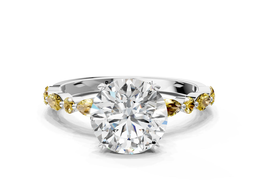 White gold Round Cut Diamond Ring with Marquise and Round with Yellow Sapphire side stone Side Stones and Four-Prong Setting_36