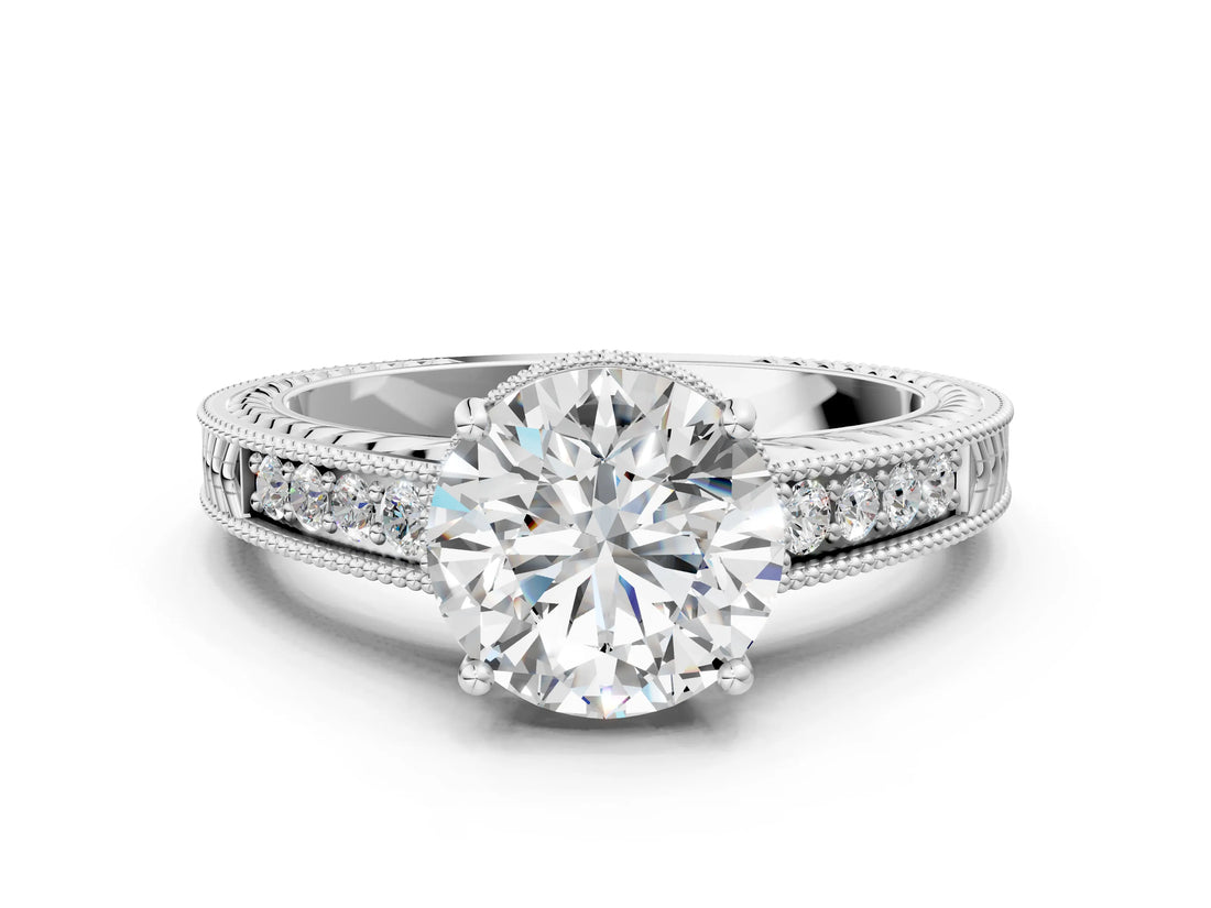 White gold Round Cut Diamond Ring with Milgrain Pavé Band and Four-Prong Setting_38