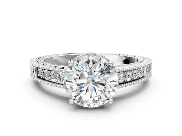 White gold Round Cut Diamond Ring with Milgrain Pavé Band and Four-Prong Setting