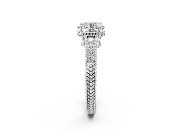 White gold Round Cut Diamond Ring with Milgrain Pavé Band and Four-Prong Setting