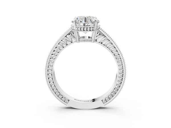 White gold Round Cut Diamond Ring with Milgrain Pavé Band and Four-Prong Setting