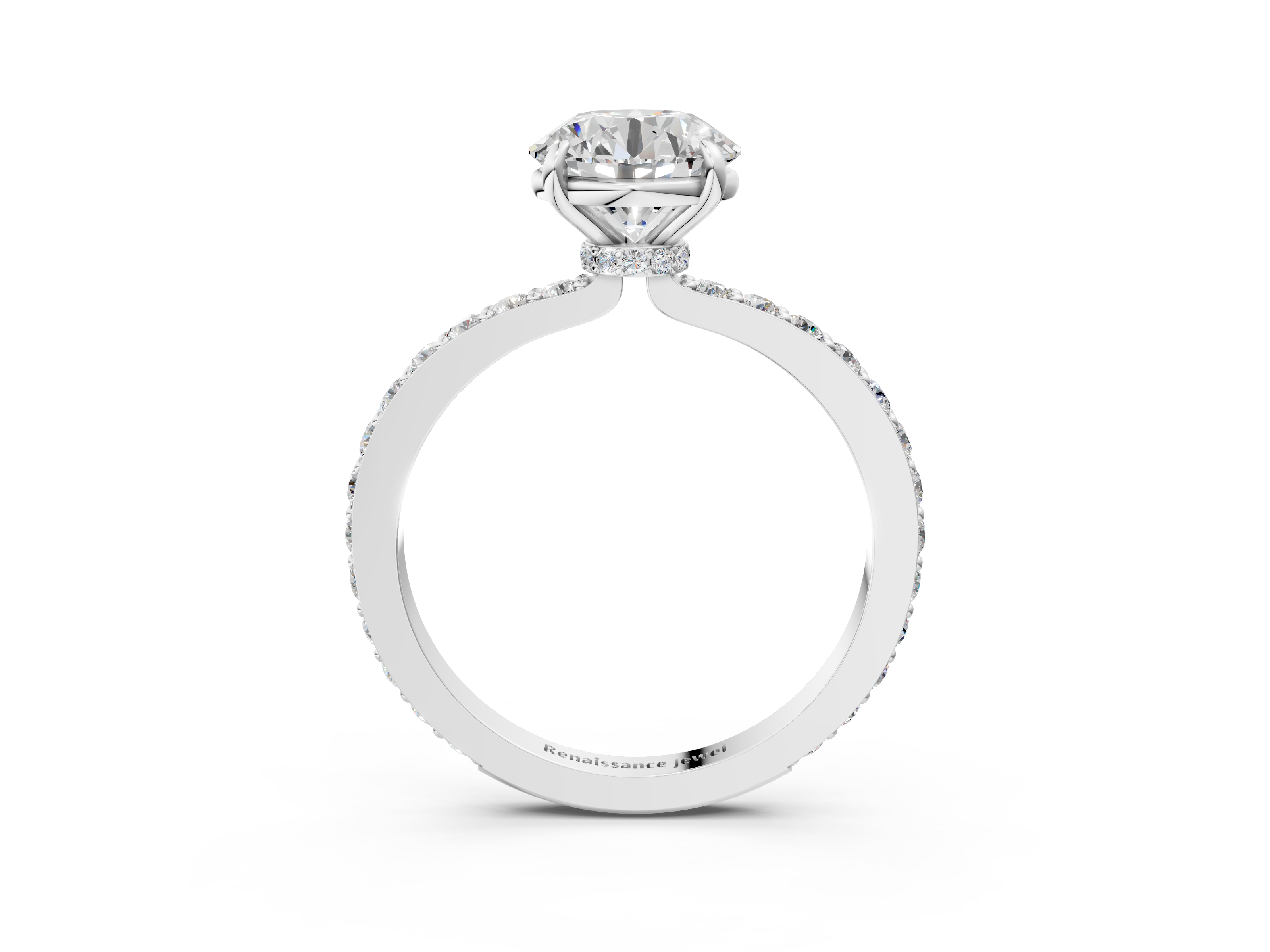 White gold Round Cut Diamond Ring with Pavé Band and Four-Prong Setting_96