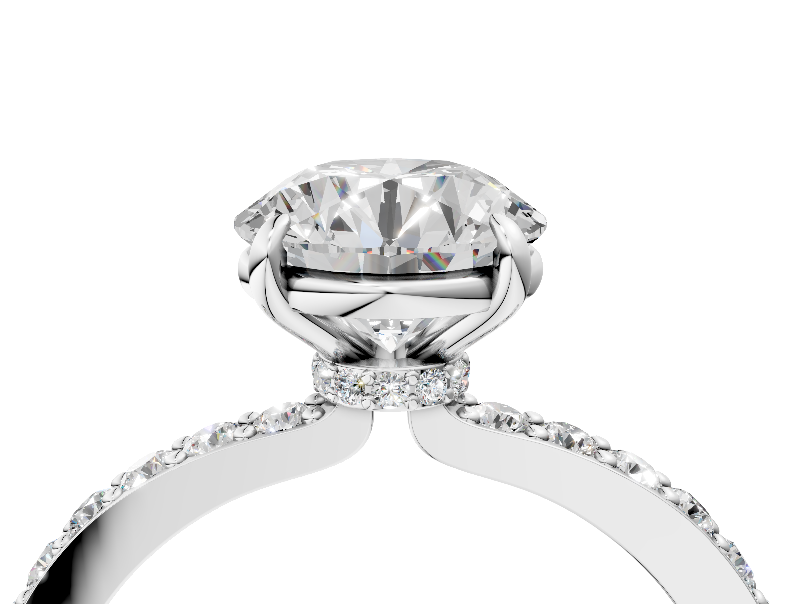 White gold Round Cut Diamond Ring with Pavé Band and Four-Prong Setting_97