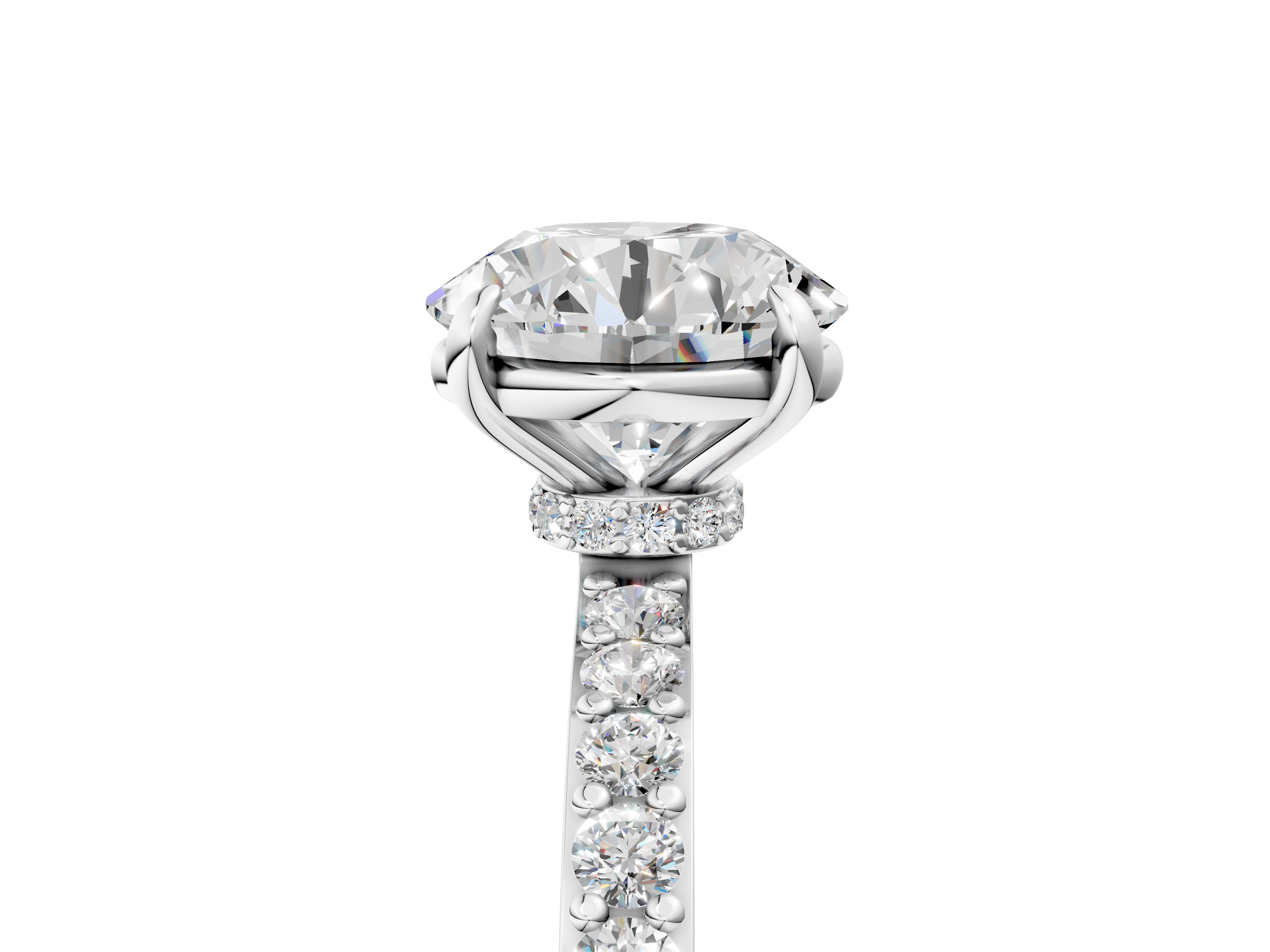 White gold Round Cut Diamond Ring with Pavé Band and Four-Prong Setting_98
