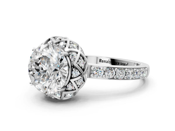White gold Round Cut Diamond Scalloped Halo Engagement Ring with Round Shared Prong Band