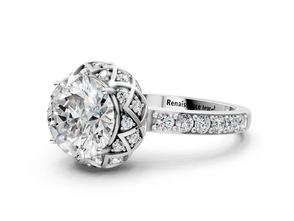 White gold Round Cut Diamond Scalloped Halo Engagement Ring with Round Shared Prong Band