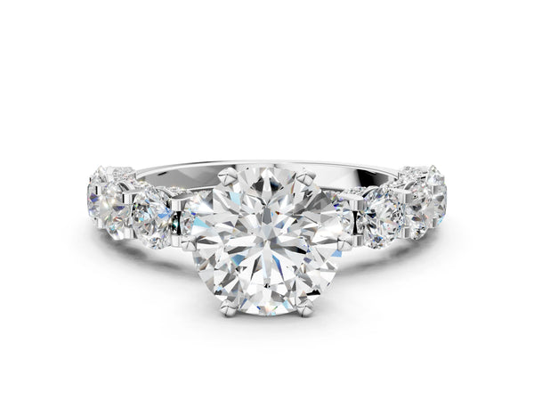 White Gold Round Side Stone Engagement Ring Setting with Hidden Halo and Pave-Edged Band