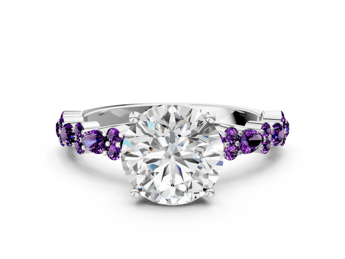 White gold Round Cut Diamond Side Stone Solitaire Ring with Round with Amethyst side stone and Four-Prong Setting