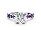 White gold Round Cut Diamond Side Stone Solitaire Ring with Round with Amethyst side stone and Four-Prong Setting