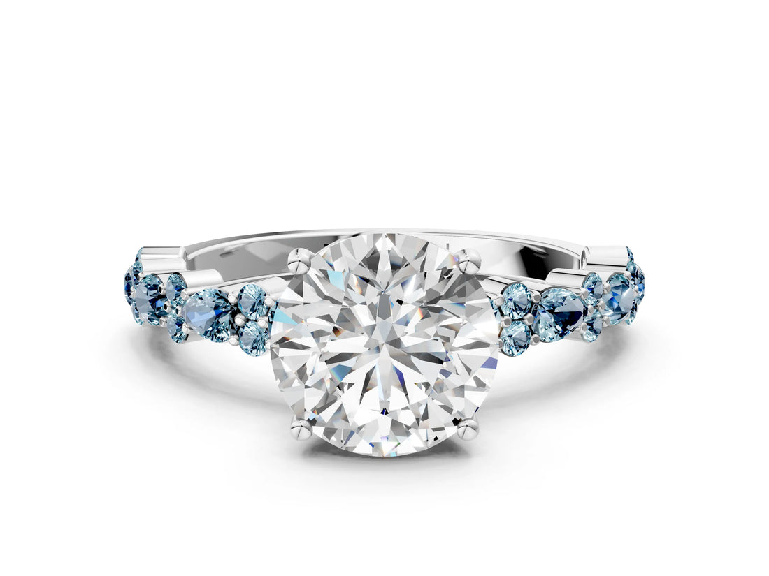 White gold Round Cut Diamond Side Stone Solitaire Ring with Round with Aquamarine side stone and Four-Prong Setting_10