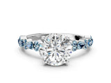 White gold Round Cut Diamond Side Stone Solitaire Ring with Round with Aquamarine side stone and Four-Prong Setting_10