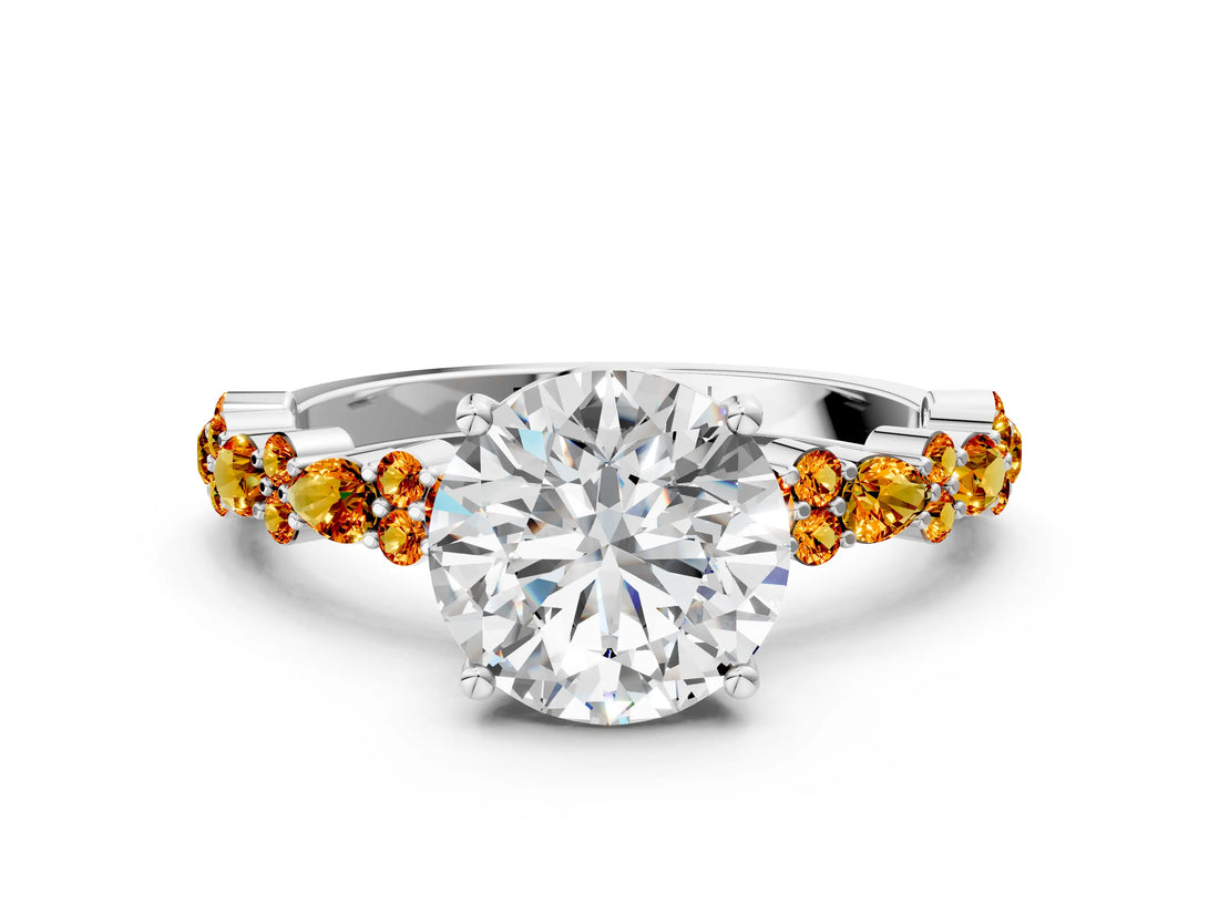 White gold Round Cut Diamond Side Stone Solitaire Ring with Round with Citrine side stone and Four-Prong Setting