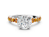 White gold Round Cut Diamond Side Stone Solitaire Ring with Round with Citrine side stone and Four-Prong Setting