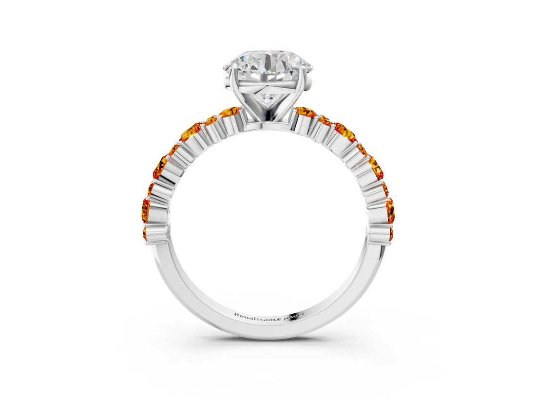 White gold Round Cut Diamond Side Stone Solitaire Ring with Round with Citrine side stone and Four-Prong Setting_91