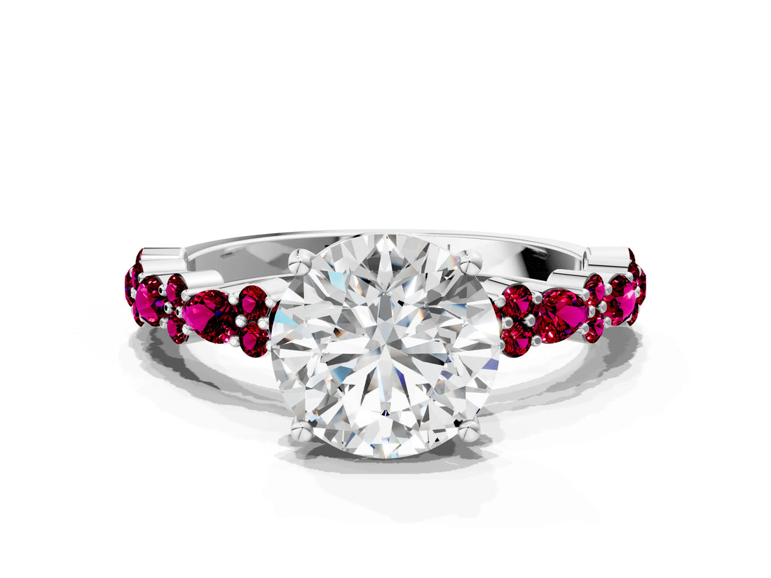 White gold Round Cut Diamond Side Stone Solitaire Ring with Round with Garnet side stone and Four-Prong Setting_6