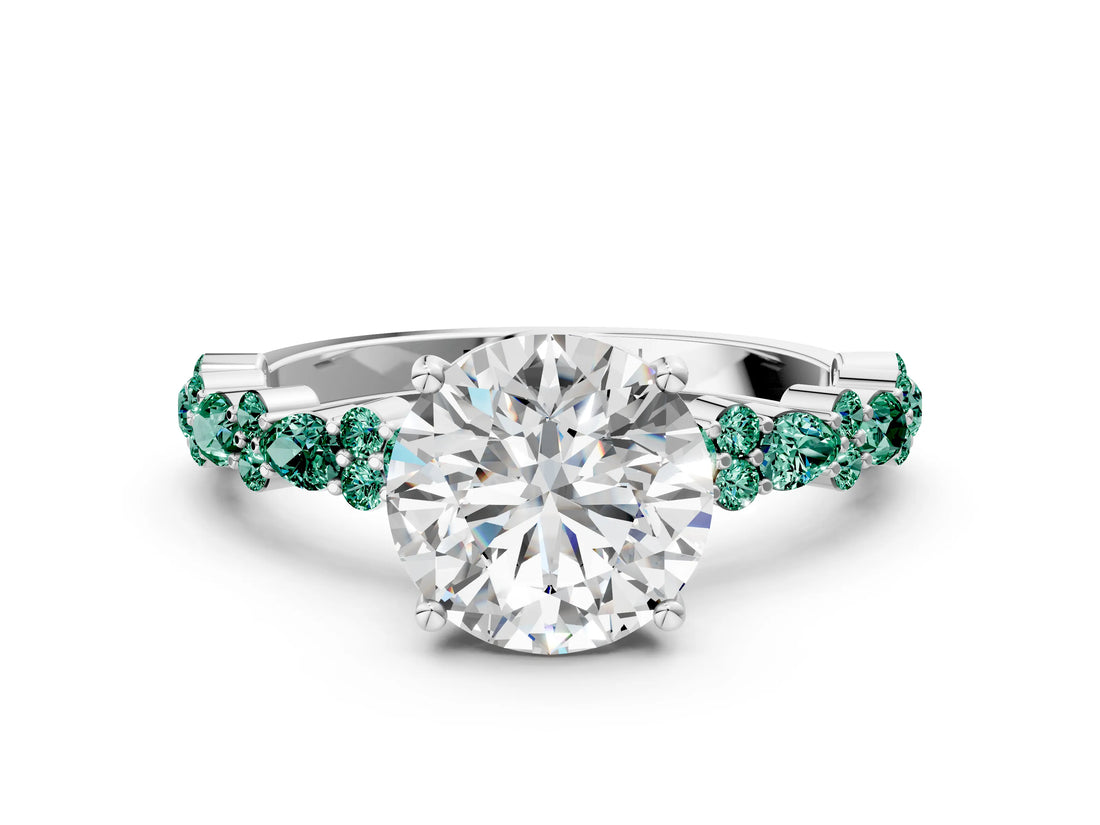White gold Round Cut Diamond Side Stone Solitaire Ring with Round with Green Sapphire side stone and Four-Prong Setting