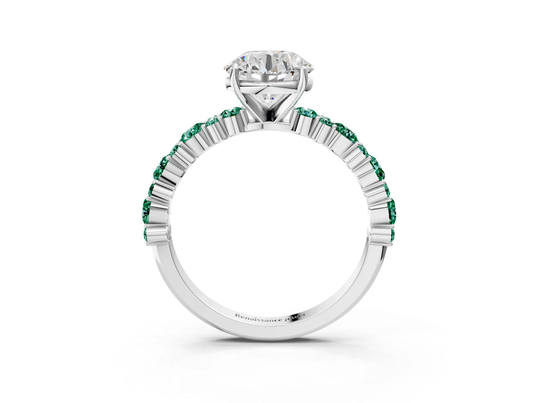 White gold Round Cut Diamond Side Stone Solitaire Ring with Round with Green Sapphire side stone and Four-Prong Setting_63