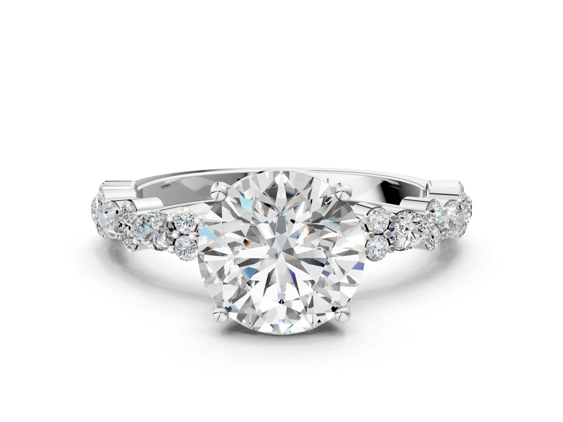 White gold Round Cut Diamond Side Stone Solitaire Ring with Round with Moissanite side stone and Four-Prong Setting