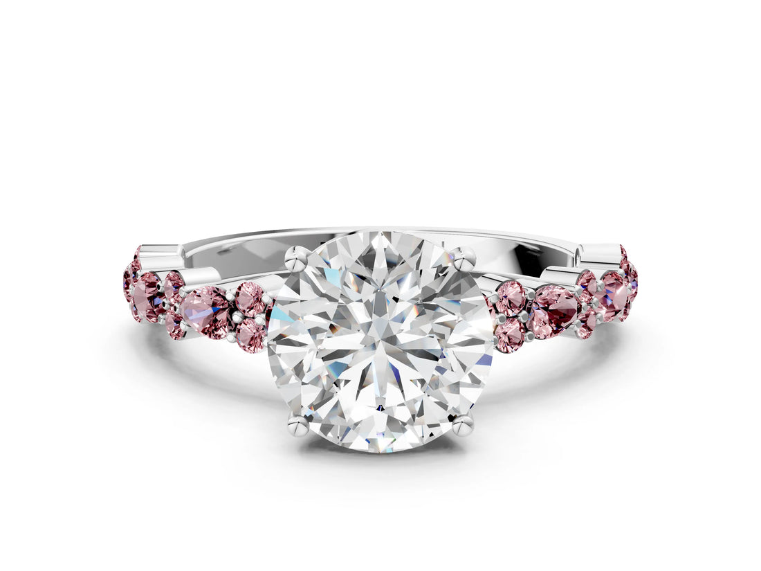 White gold Round Cut Diamond Side Stone Solitaire Ring with Round with Morganite side stone and Four-Prong Setting