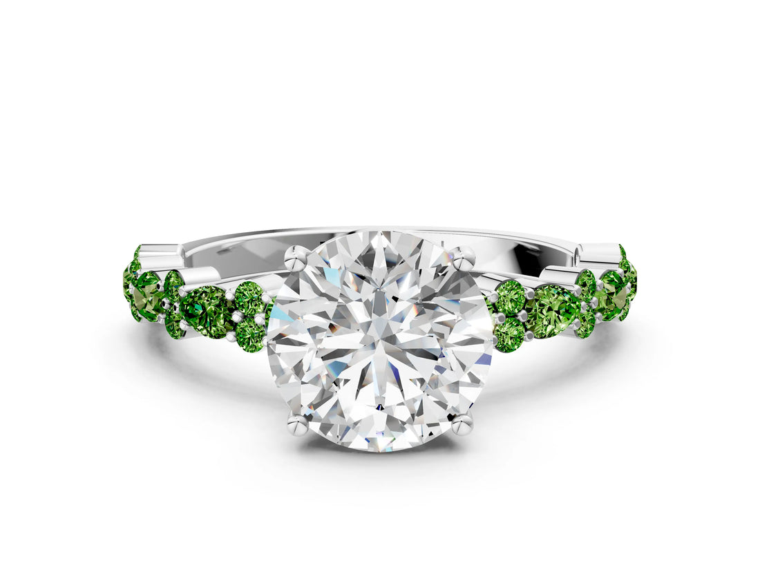 White gold Round Cut Diamond Side Stone Solitaire Ring with Round with Peridot side stone and Four-Prong Setting